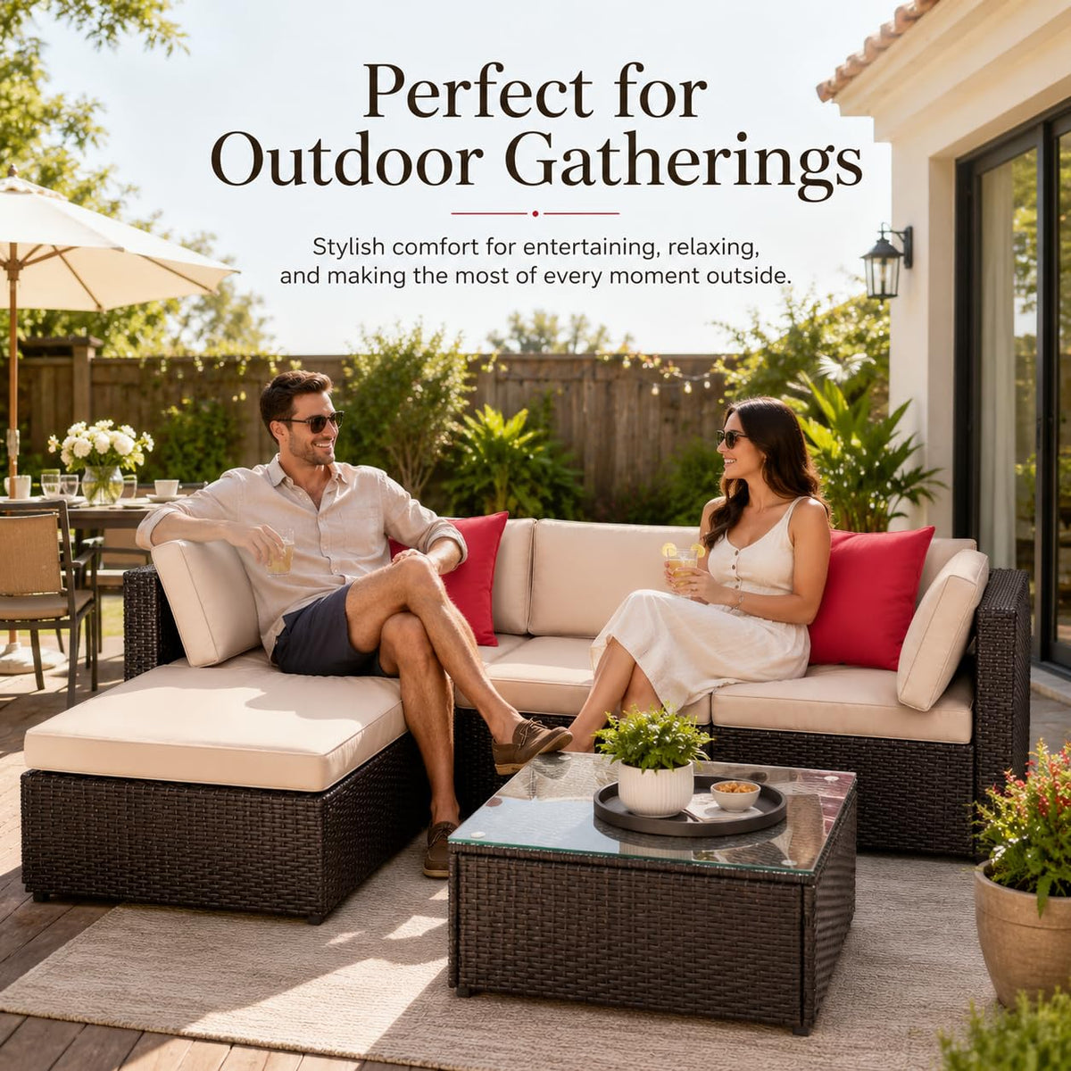 5-Piece Brown Wicker Outdoor Sofa Set with Cushions G696