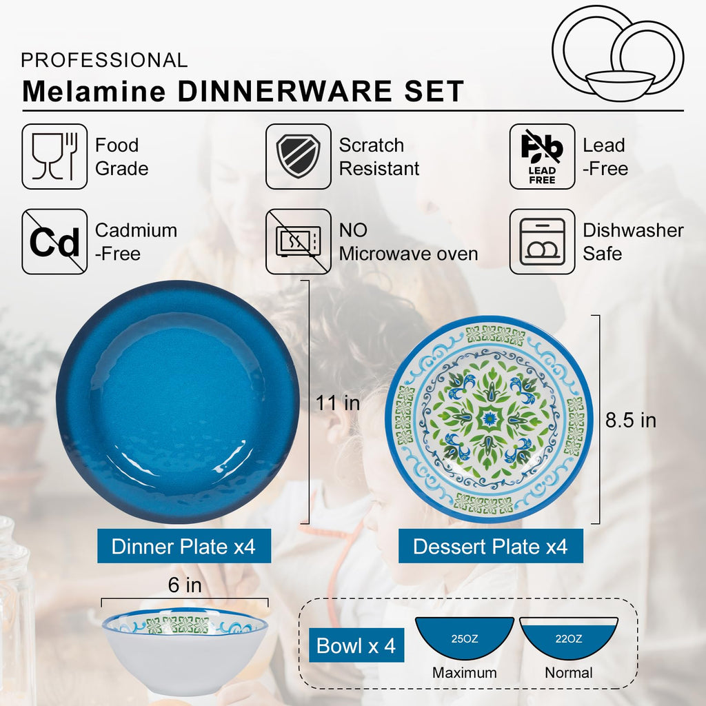Melamine Dinnerware Set for 4, 12-Piece Blue Floral M230571