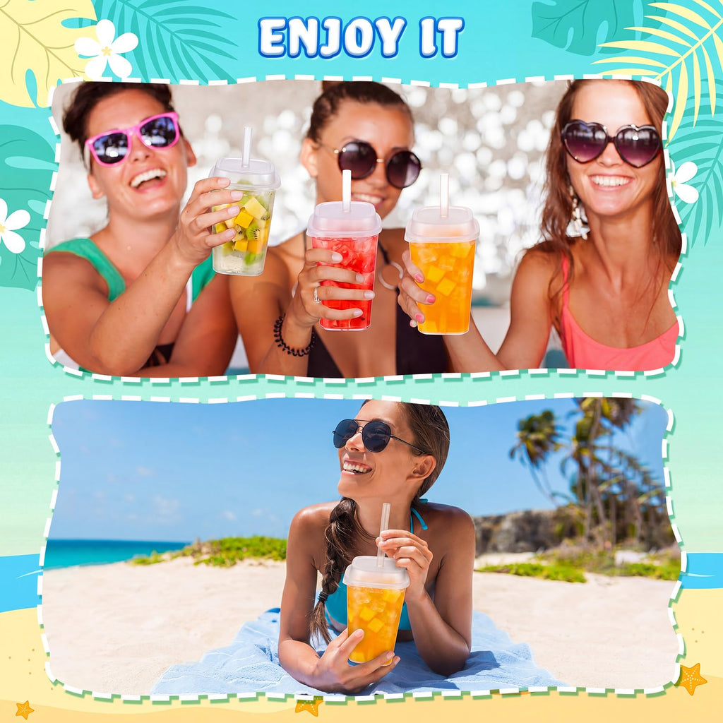 30 Pack 22 oz Clear Plastic Cups with Lids & Straws D8456