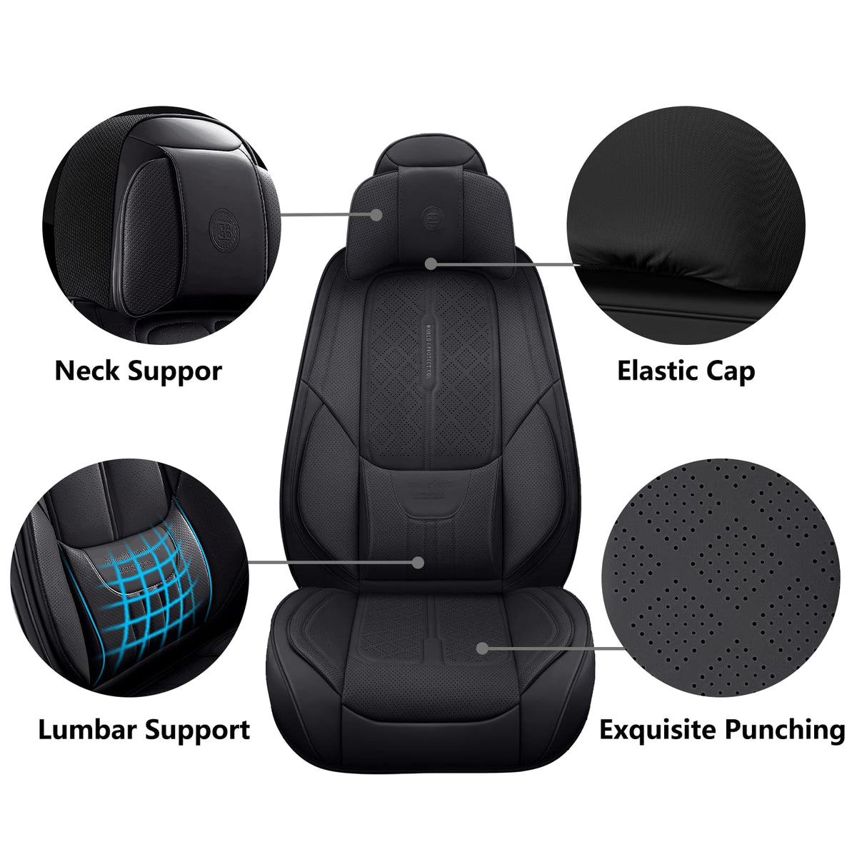 Black Leather 5-Seats Car Seat Covers O7734