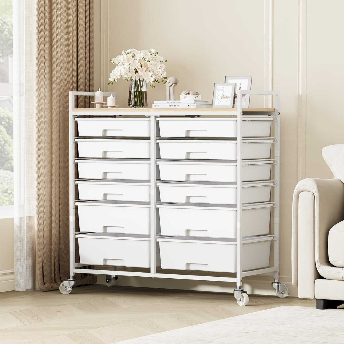 White 12 Drawers Rolling Storage Cart with Wooden Top R301007