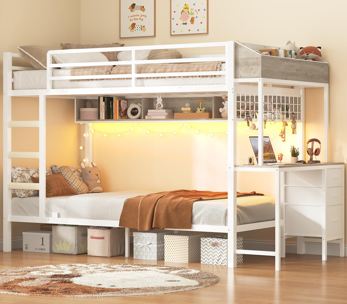 White Twin Over Twin Metal Bunk Bed with Desk and 3 Storage Drawers R70320
