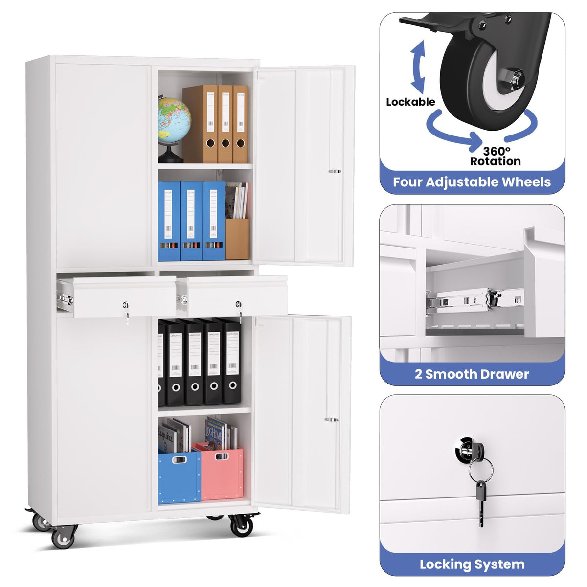 72” Rolling Metal Storage Cabinet with Locking Doors & 2 Drawers D784