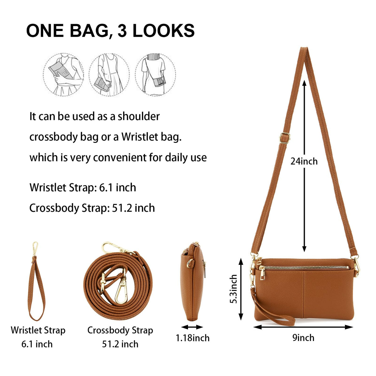 Small Triple Zip Crossbody Bag Vegan Leather Wristlet Clutch J7263