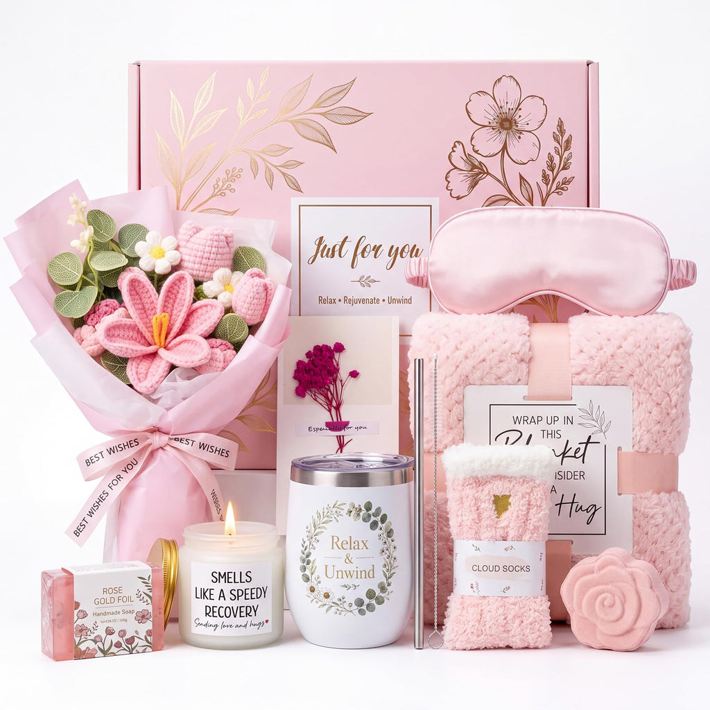 10 PCS Pink Gift Basket with Blanket, Tumbler & Crochet Flowers V903932