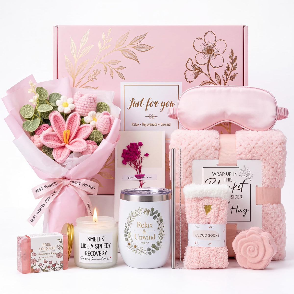 10 PCS Pink Gift Basket with Blanket, Tumbler & Crochet Flowers V903932
