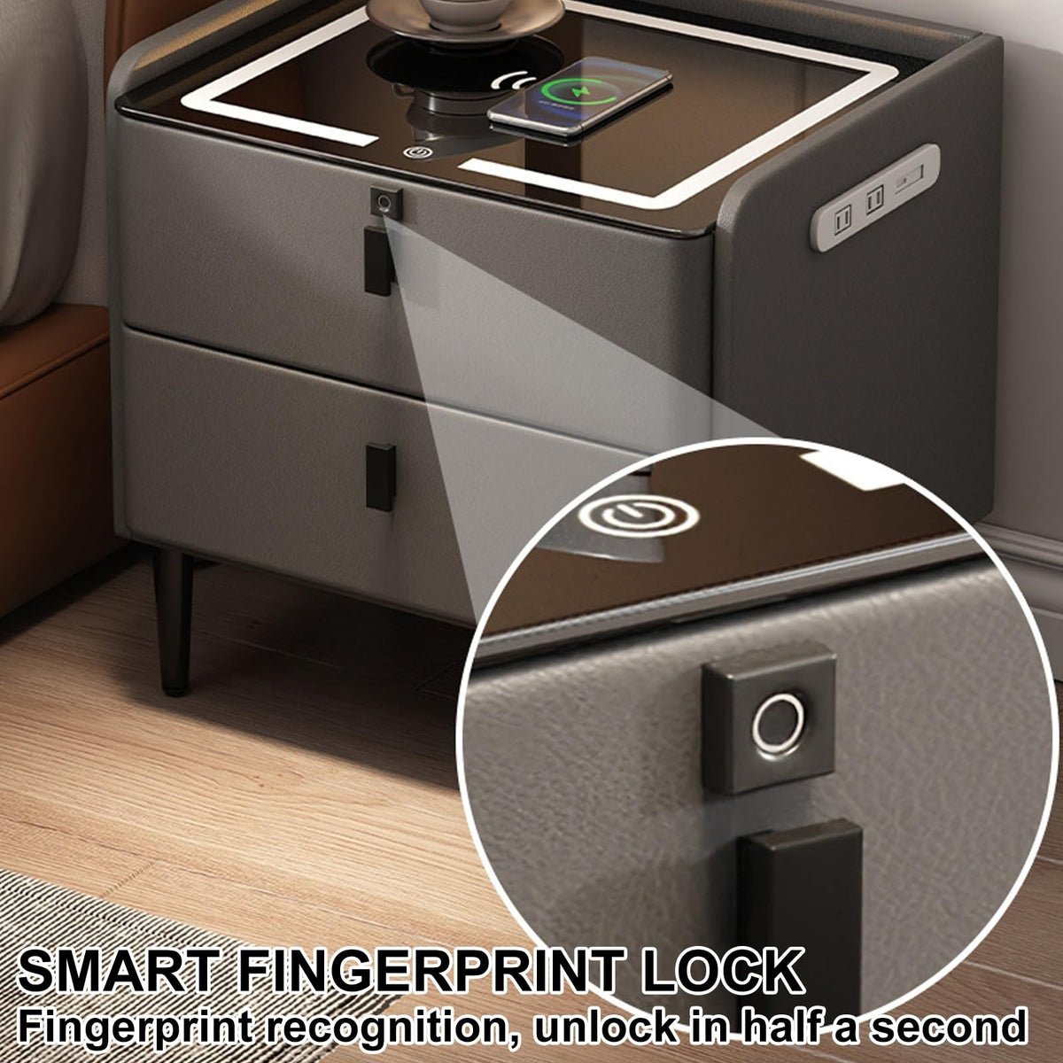 Khaki Nightstand with Wireless Charging Station and 3 Drawers I12674