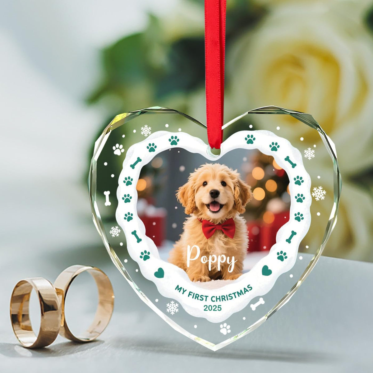 Personalized Dog's Name & Photo Heart Glass Ornament A3071