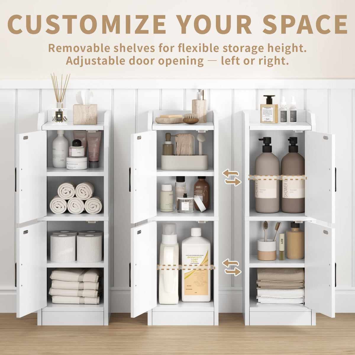 White Narrow Bathroom Storage Cabinet with 2 Doors and Shelves Z1020