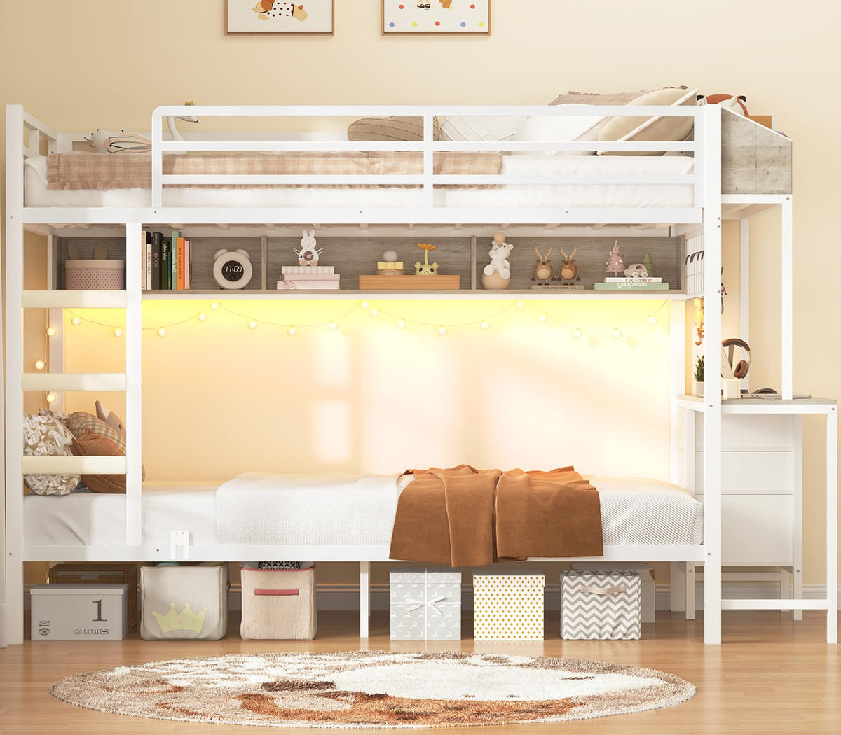 White Twin Over Twin Metal Bunk Bed with Desk and 3 Storage Drawers R70320