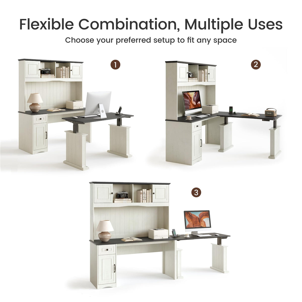 L Shaped Electric Standing Desk with Hutch and Drawers, Antique White N159