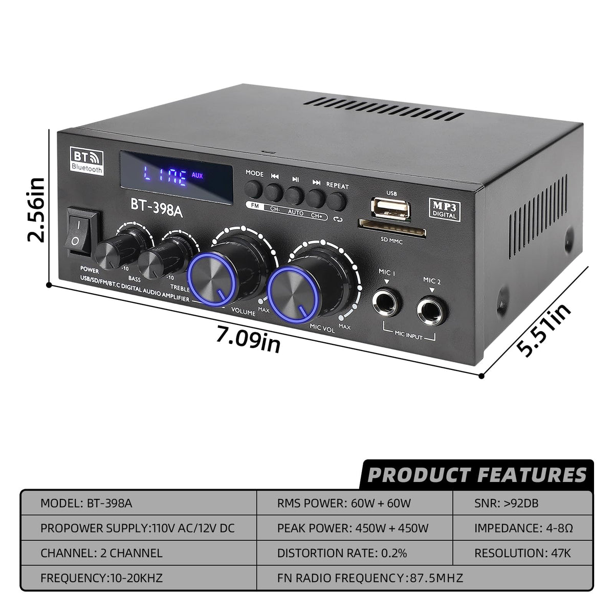 Bluetooth 5.0 Stereo Receivers, 2 Channel 450W Home Amplifier R6519