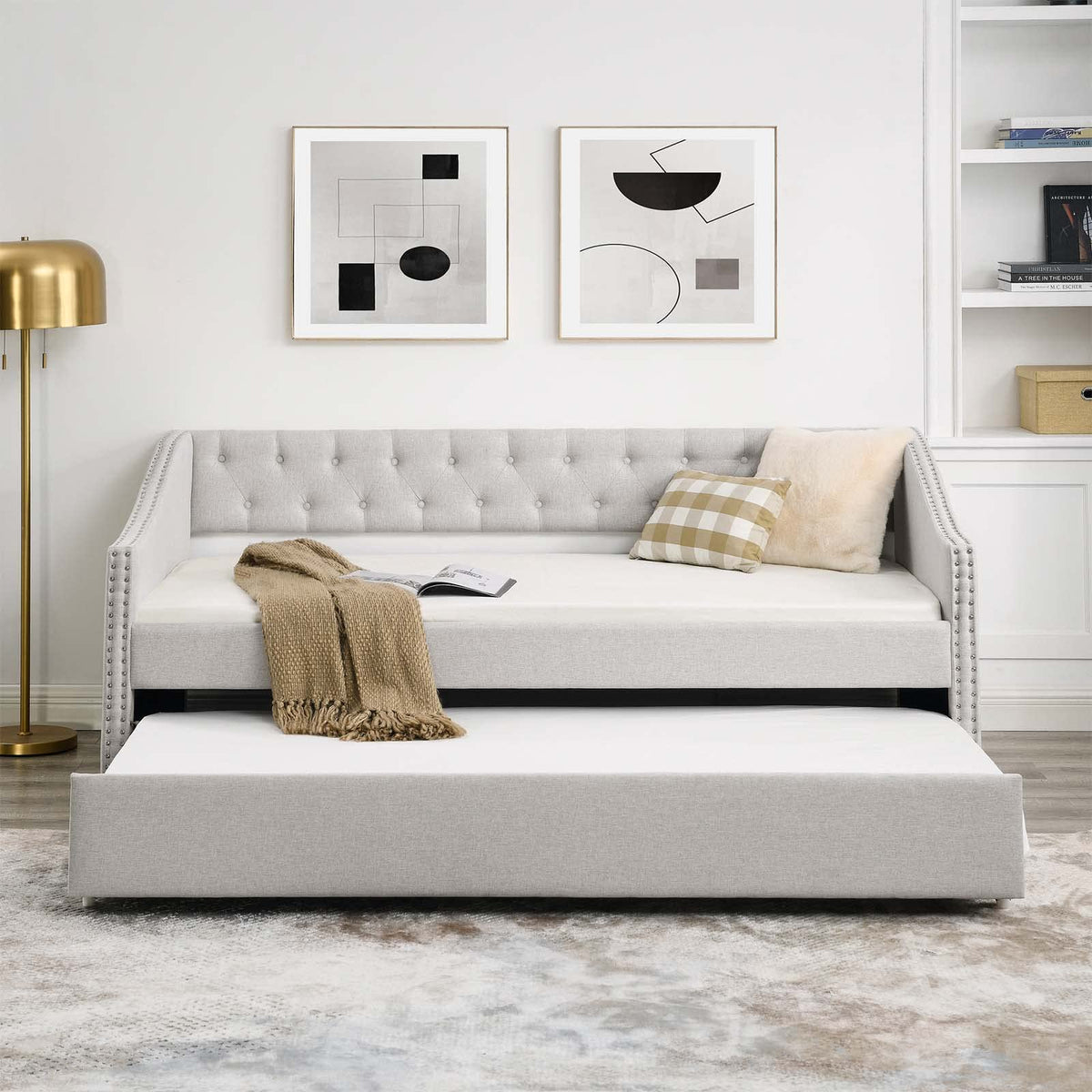 Velvet Upholstered Twin Size Daybed with Trundle L892114