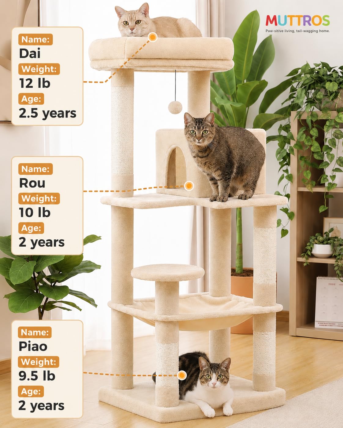 Beige 56.3" 6-Tier Cat Tree with Hammock and Condo O5730
