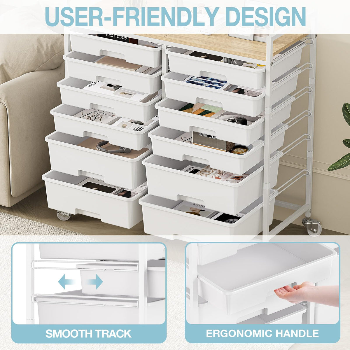 White 12 Drawers Rolling Storage Cart with Wooden Top R301007