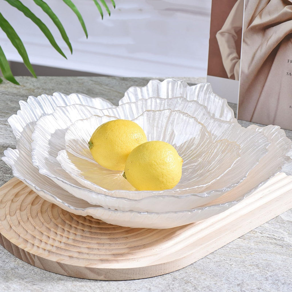 Fruit Bowl Flower Shape Fruit Plate 3 Sets Crystal Glass Pearlescent White K664228