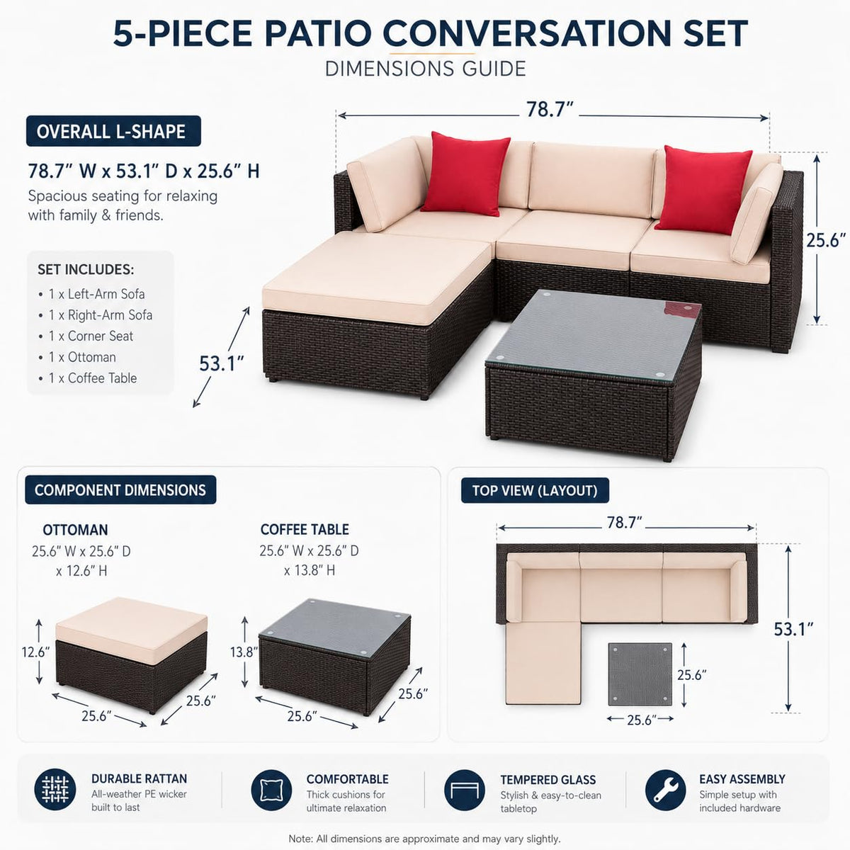5-Piece Brown Wicker Outdoor Sofa Set with Cushions G696