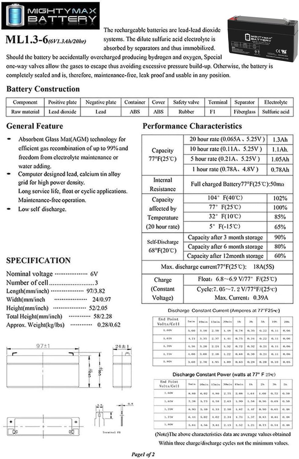 6V 1.3Ah SLA Replacement Battery 4 Pack E51515