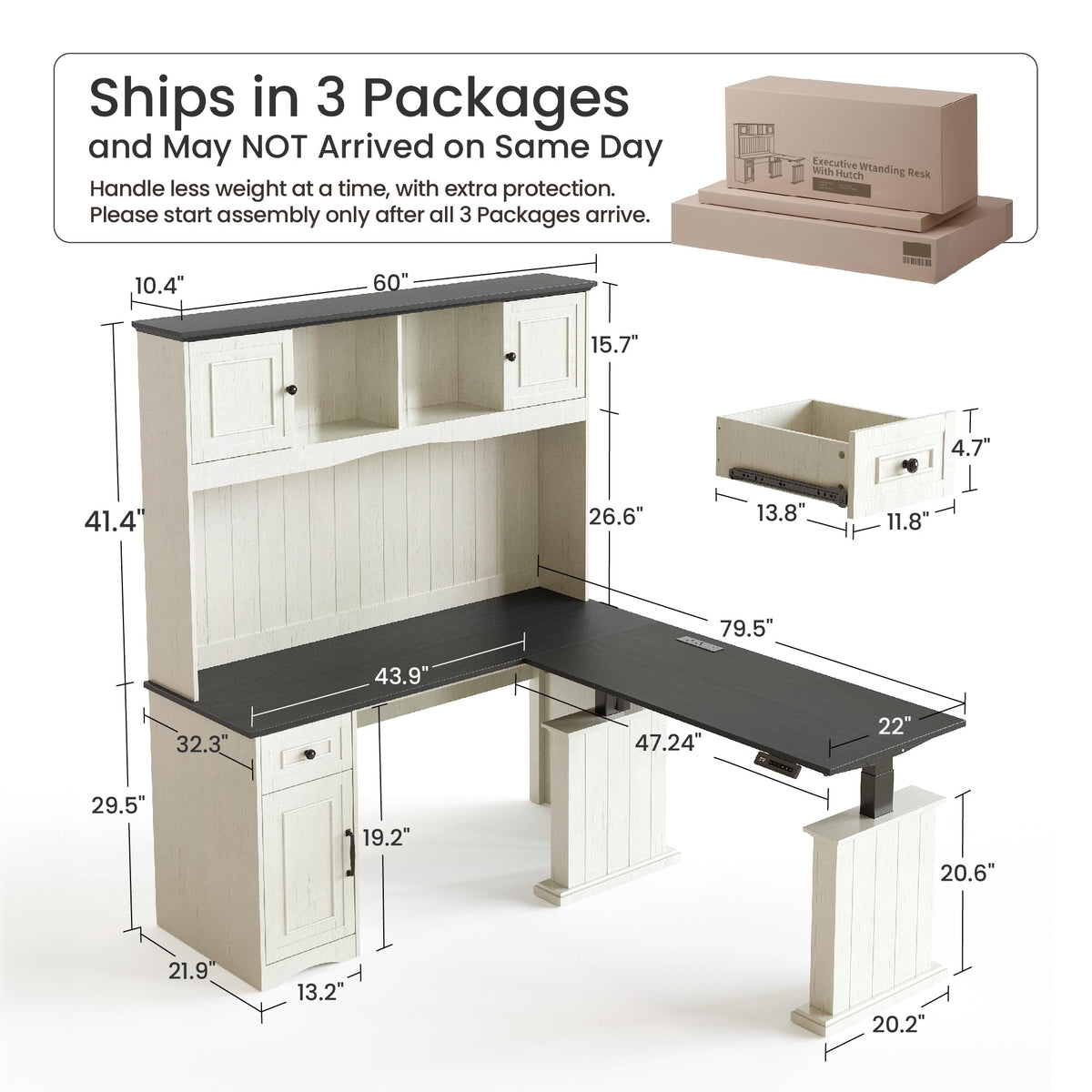 L Shaped Electric Standing Desk with Hutch and Drawers, Antique White N159
