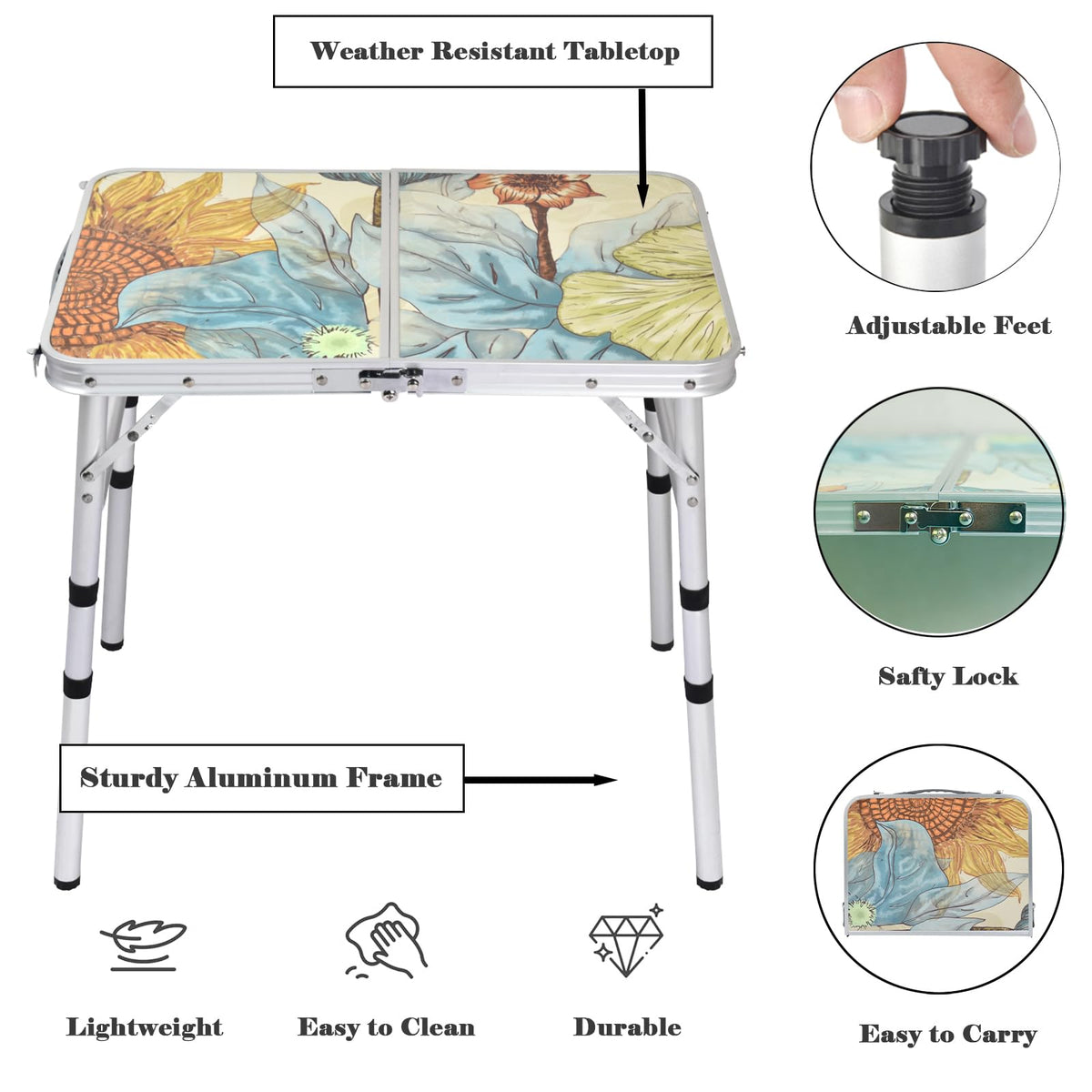 Small Folding Camping Table Aluminum 3 Adjustable Heights G796489