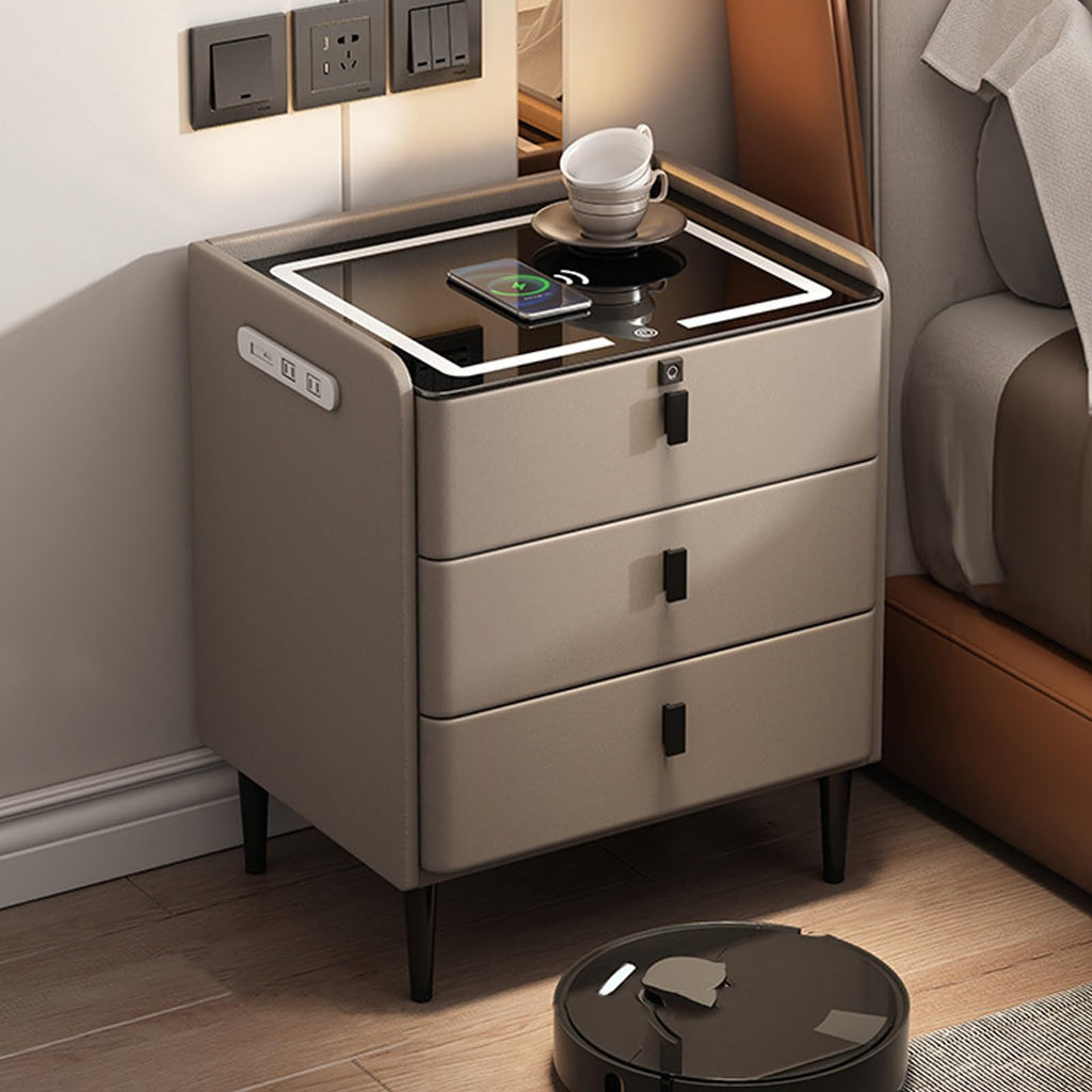 Khaki Nightstand with Wireless Charging Station and 3 Drawers I12674