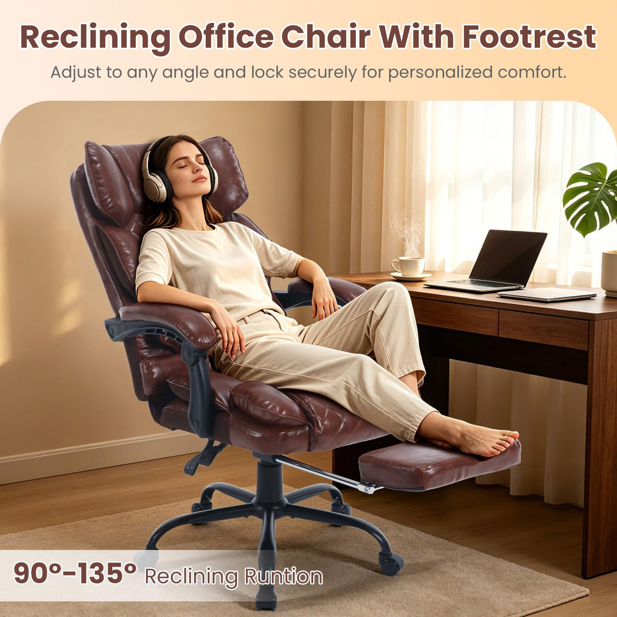 Brown Reclining Ergonomic Office Chair with Footrest U39940