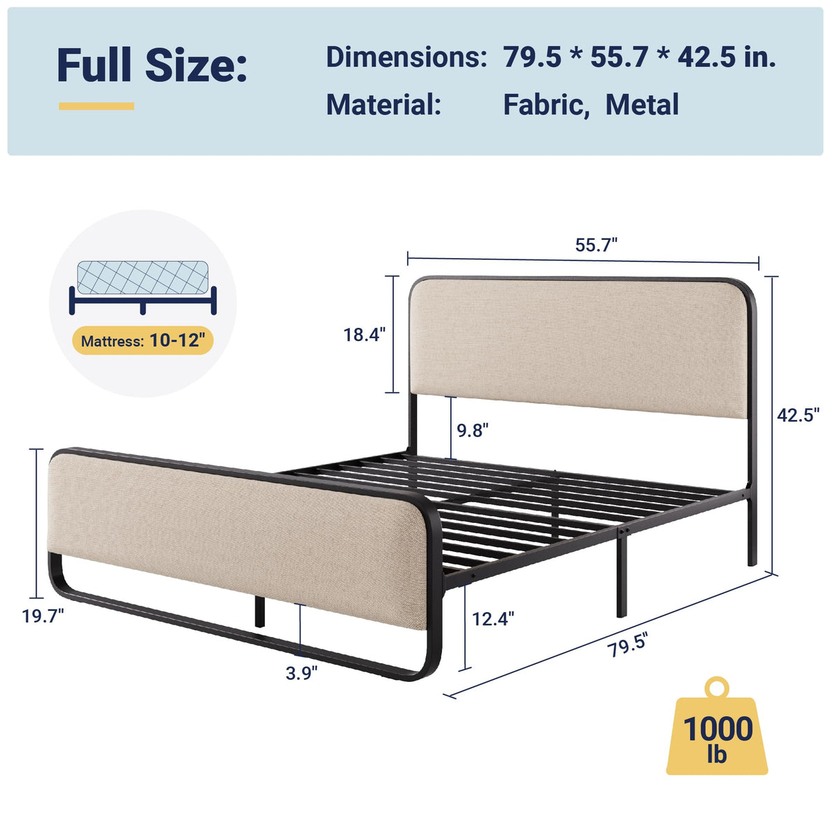 Full Metal Bed Frame with Upholstered, Beige K2597