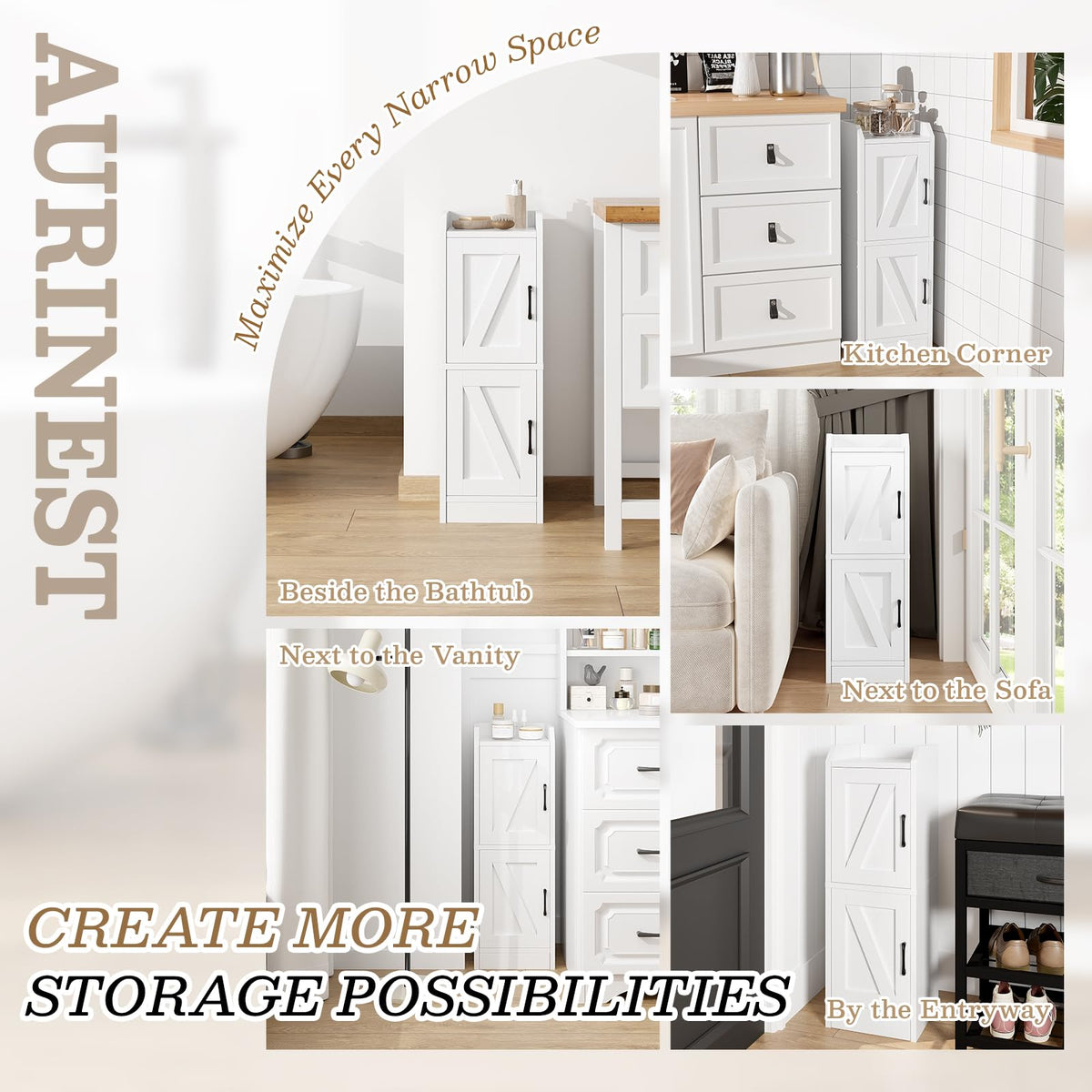 White Narrow Bathroom Storage Cabinet with 2 Doors and Shelves Z1020