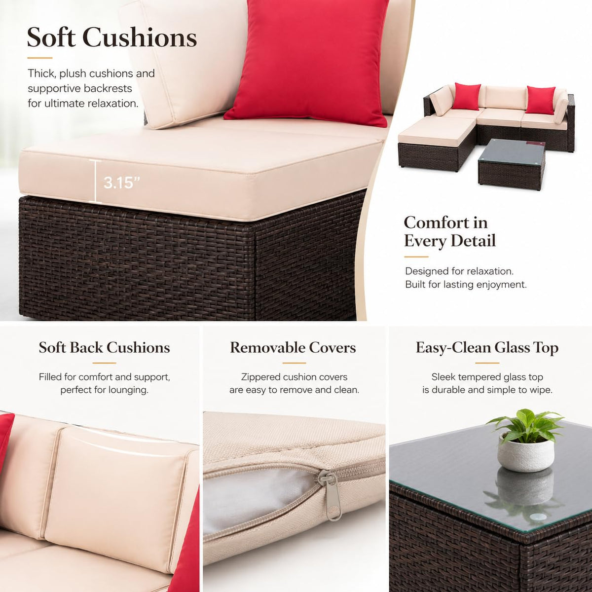 5-Piece Brown Wicker Outdoor Sofa Set with Cushions G696