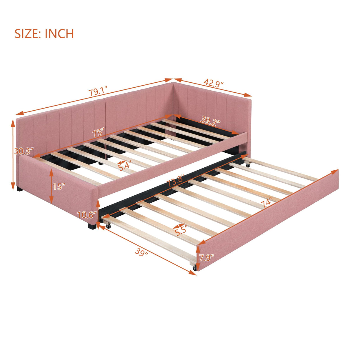 Pink Linen Fabric Twin Size Daybed with Trundle L778