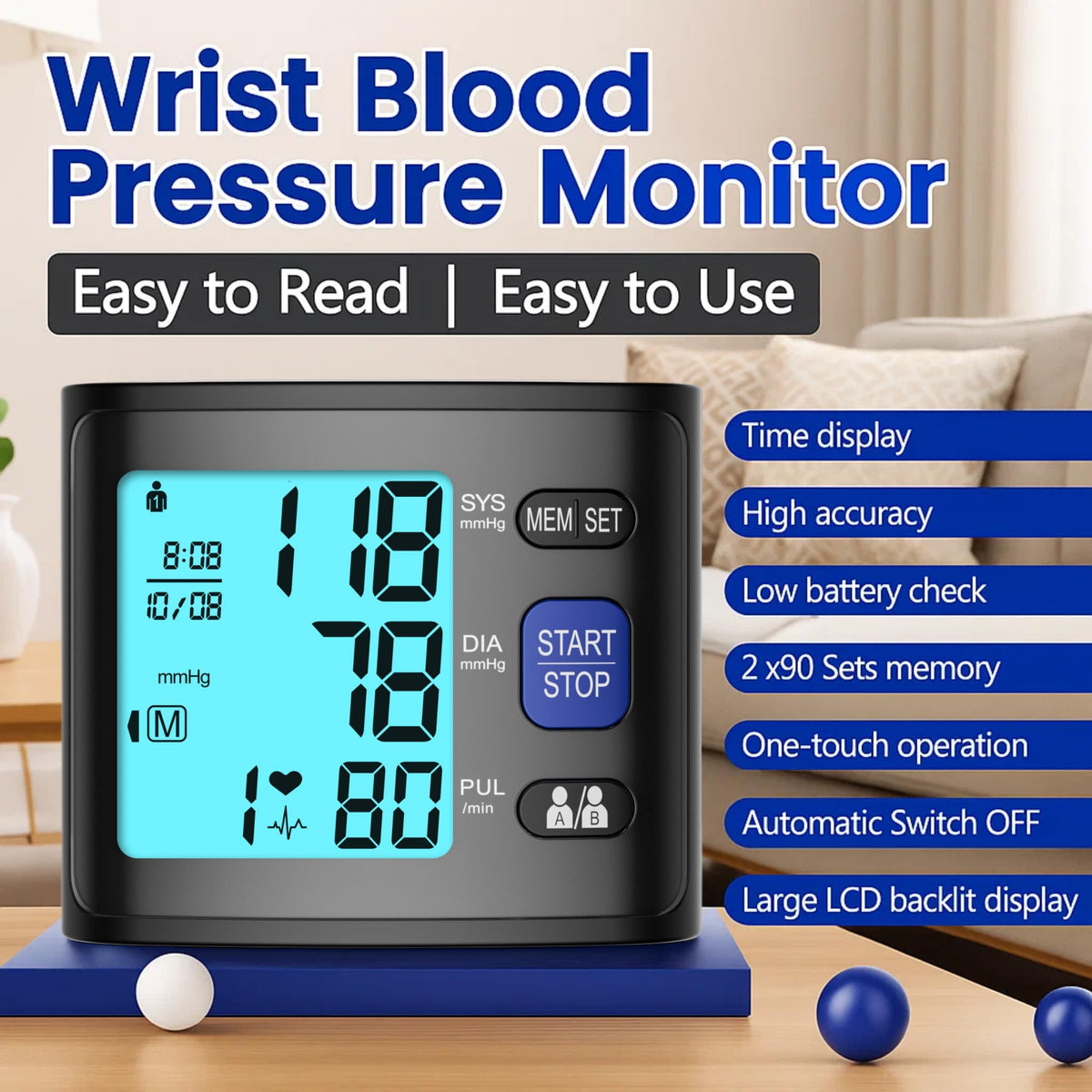 Wrist Blood Pressure Monitor with Backlit LCD Display C45074