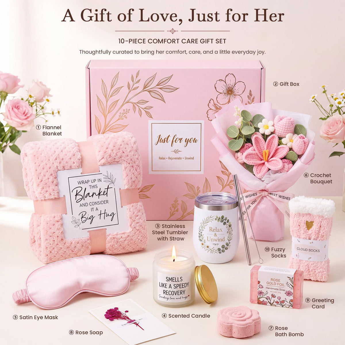 10 PCS Pink Gift Basket with Blanket, Tumbler & Crochet Flowers V903932