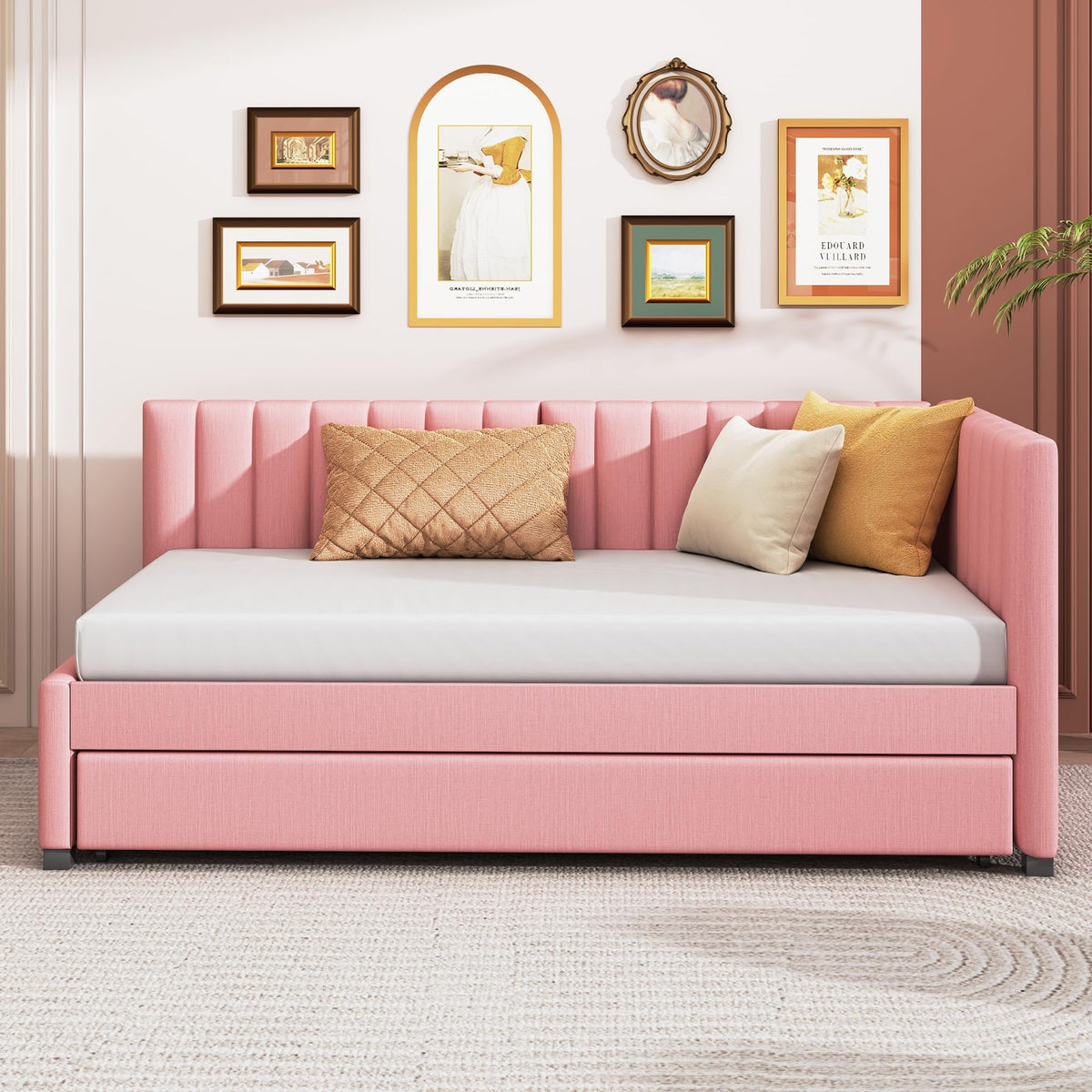 Pink Linen Fabric Twin Size Daybed with Trundle L778