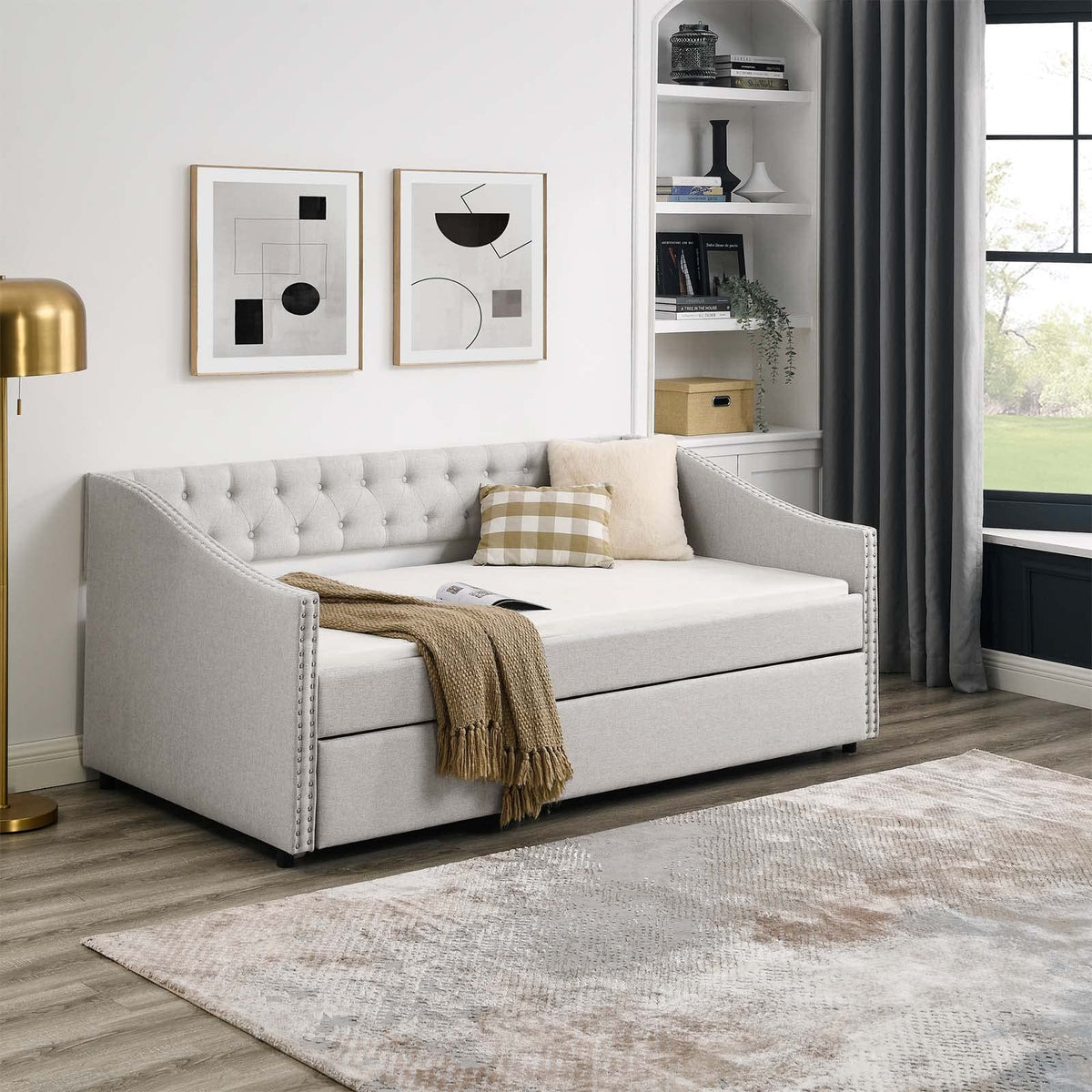 Velvet Upholstered Twin Size Daybed with Trundle L892114