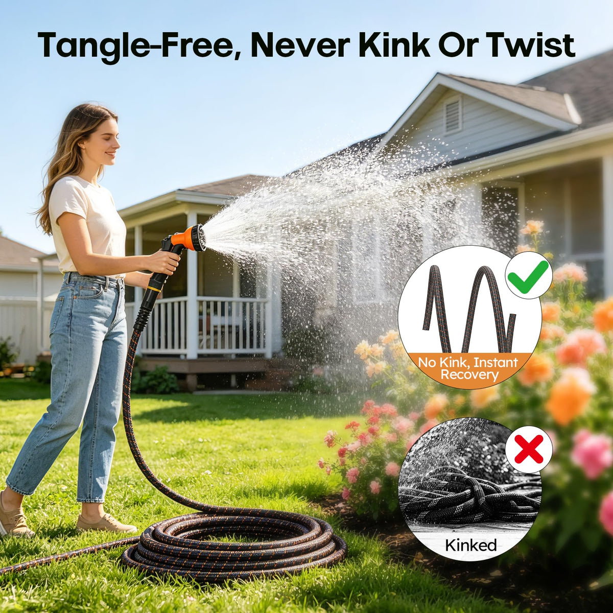 3/4" Flexible Non-Expandable Garden Hose with 10 Function Nozzle, 100ft P9164
