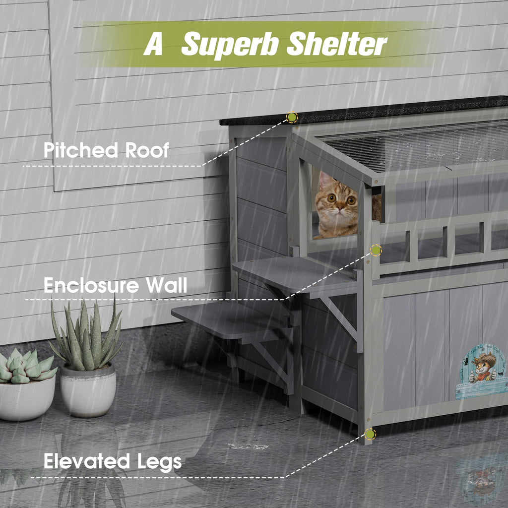 2-Tier Weatherproof Wooden Outdoor Cat House J57909