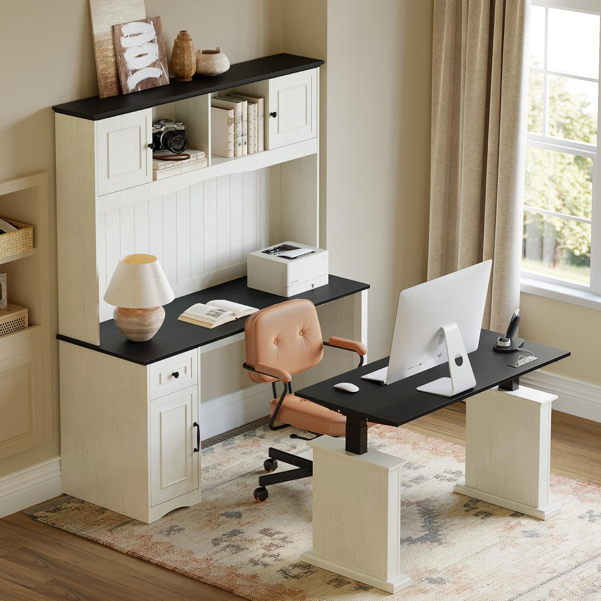 L Shaped Electric Standing Desk with Hutch and Drawers, Antique White N159