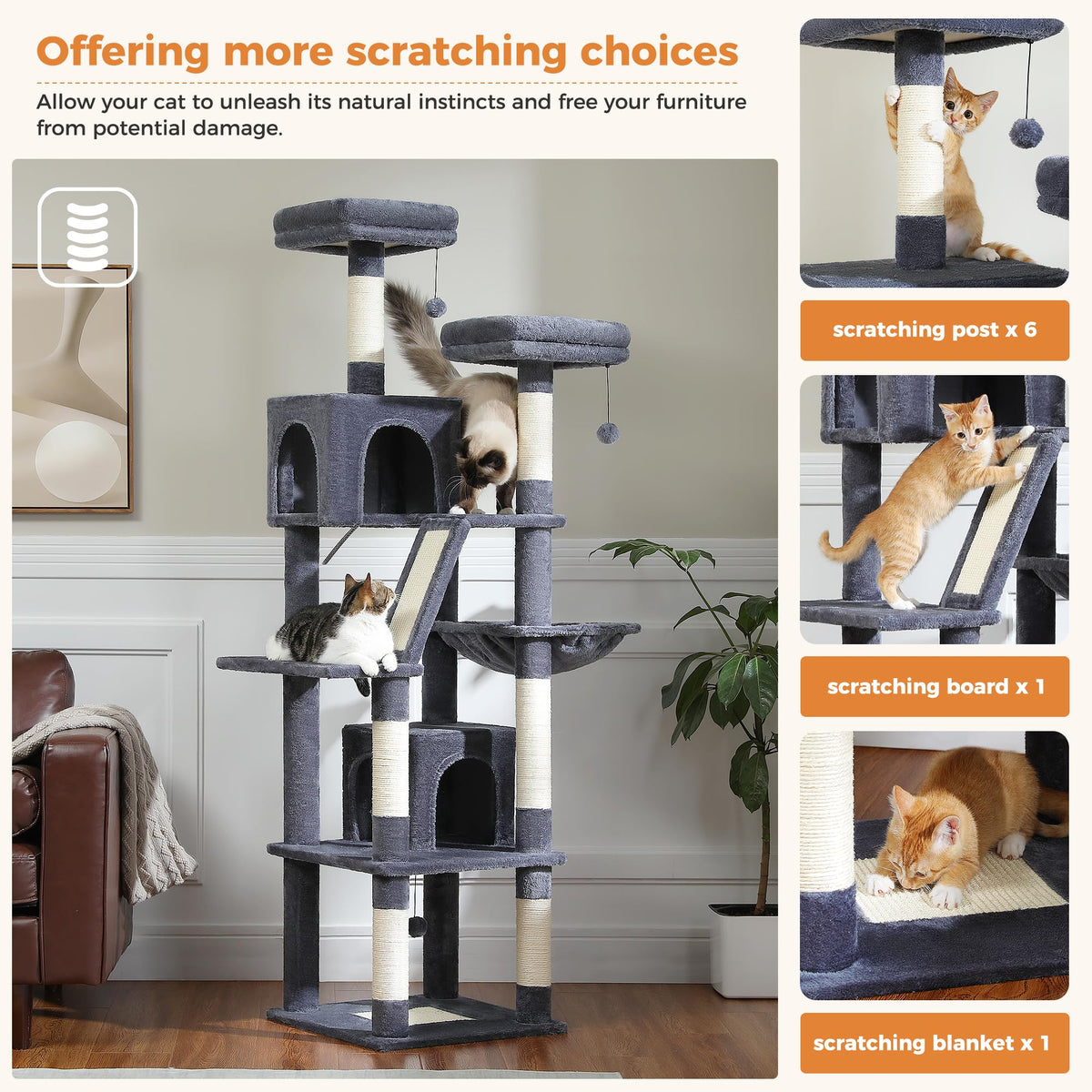 70 Inches Tall Dark Gray Cat Tree with 2 Condos G95260