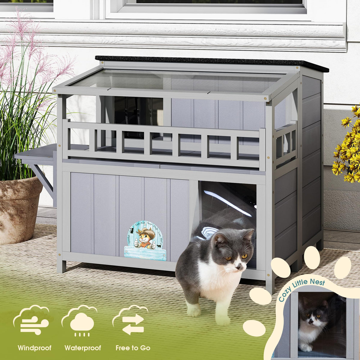 2-Tier Weatherproof Wooden Outdoor Cat House J57909