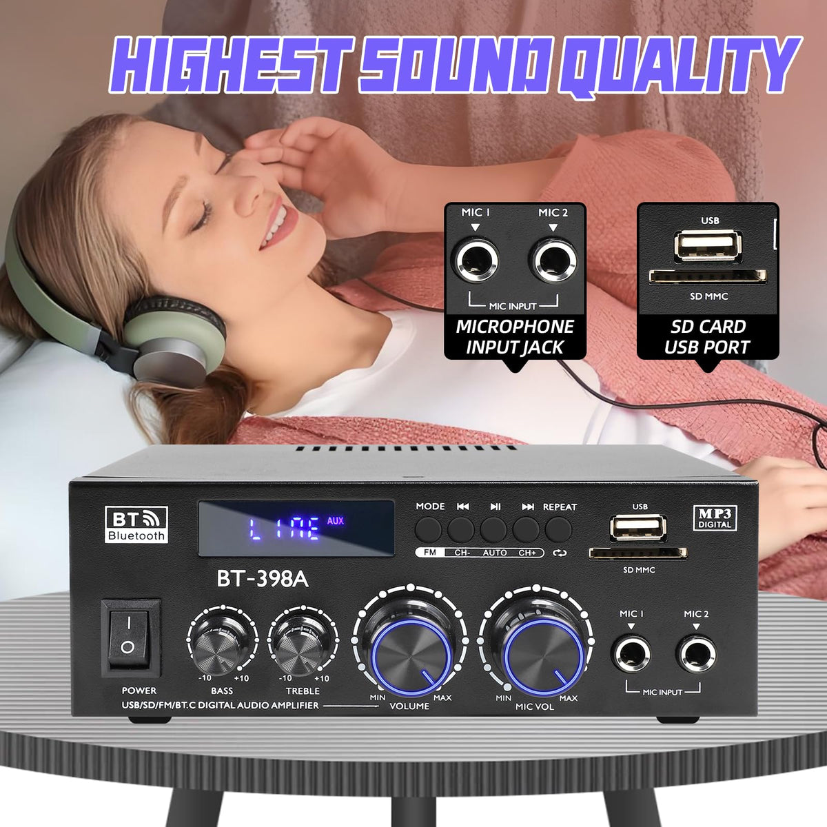 Bluetooth 5.0 Stereo Receivers, 2 Channel 450W Home Amplifier R6519