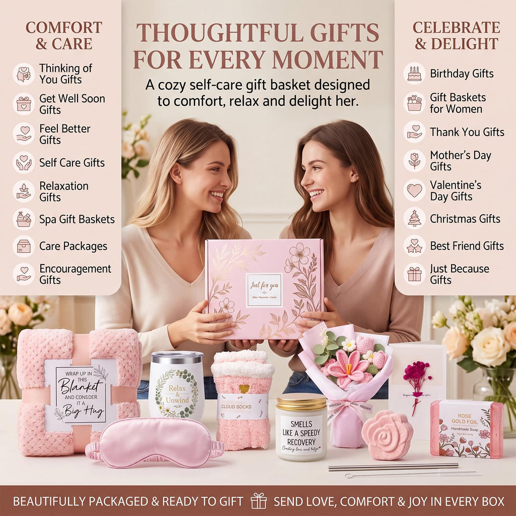 10 PCS Pink Gift Basket with Blanket, Tumbler & Crochet Flowers V903932