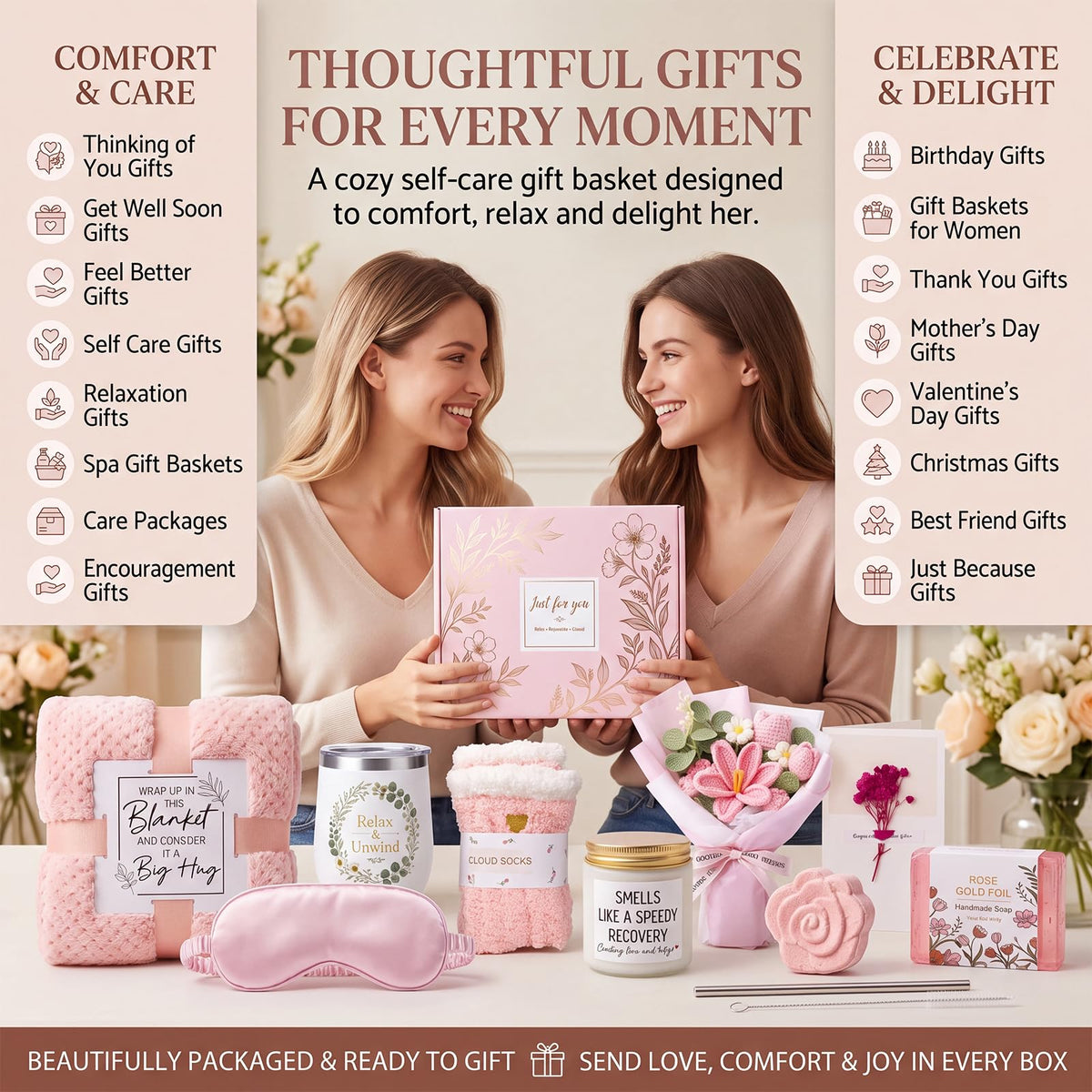 10 PCS Pink Gift Basket with Blanket, Tumbler & Crochet Flowers V903932