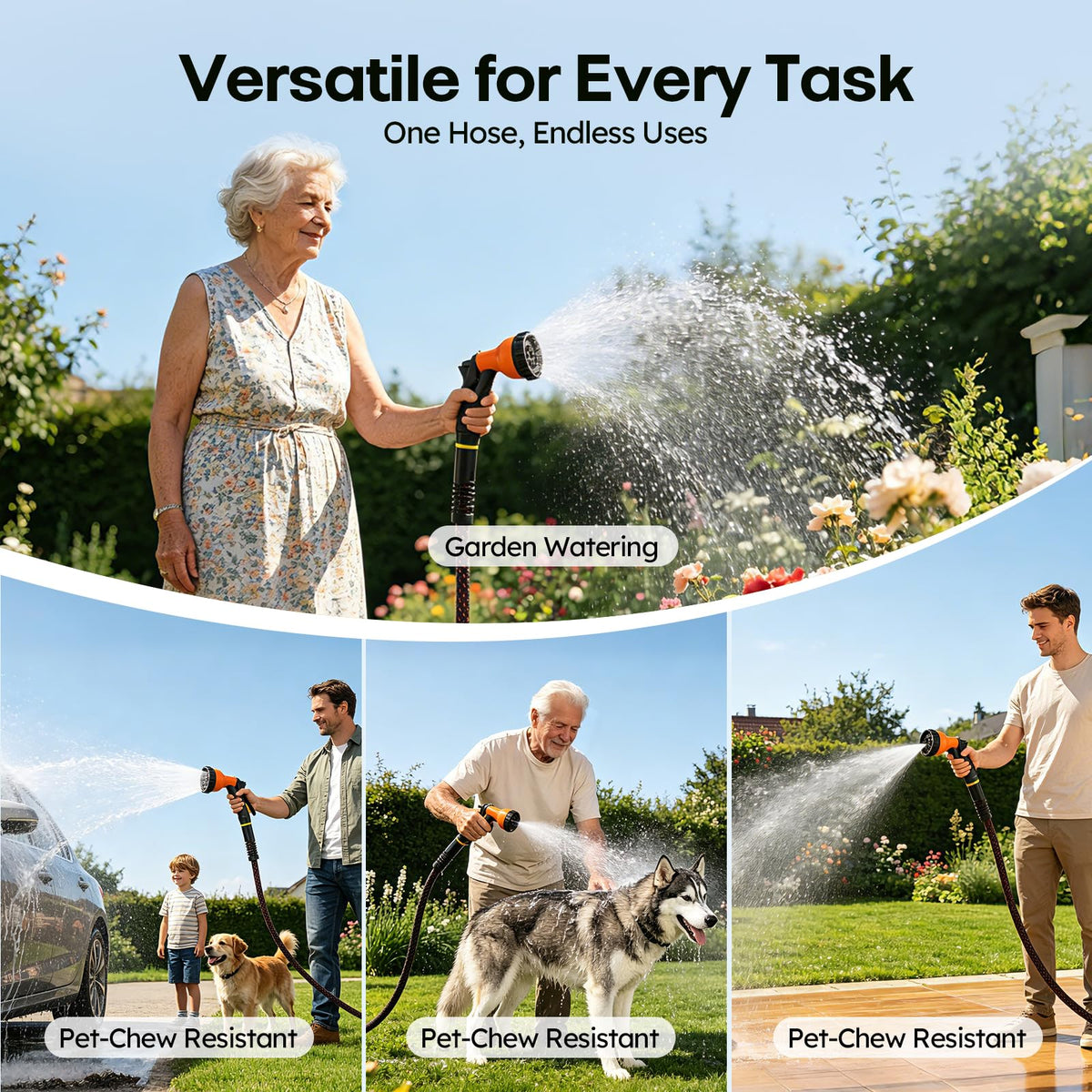3/4" Flexible Non-Expandable Garden Hose with 10 Function Nozzle, 100ft P9164
