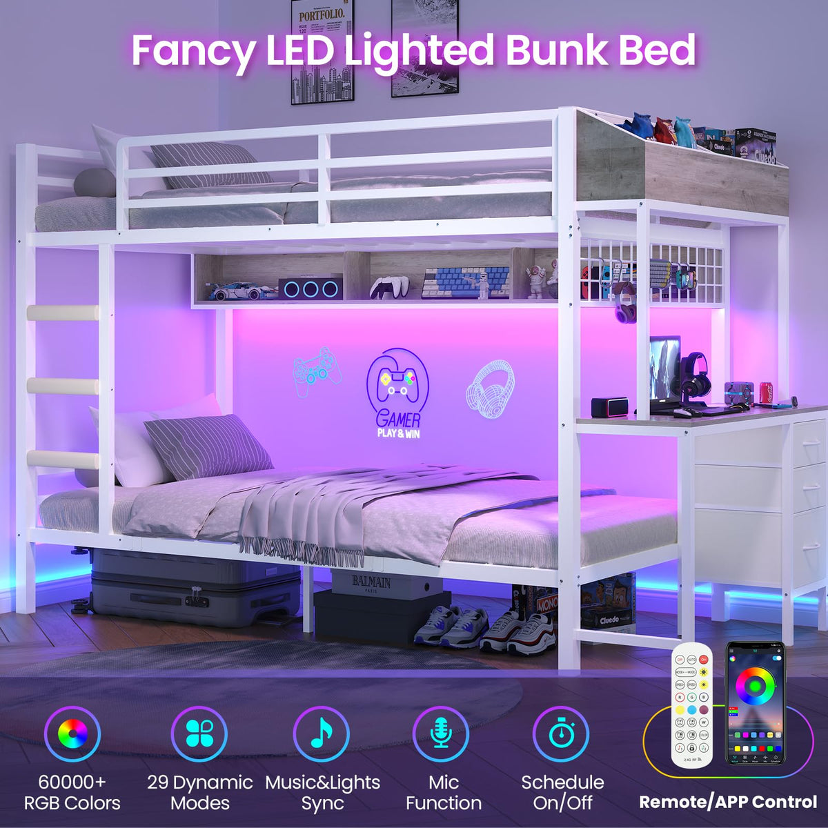 White Twin Over Twin Metal Bunk Bed with Desk and 3 Storage Drawers R70320