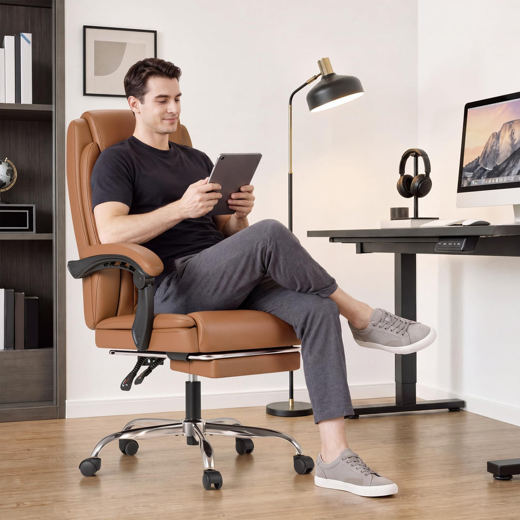 Brown Leather Ergonomic High Back Office Chair with Footrest J336