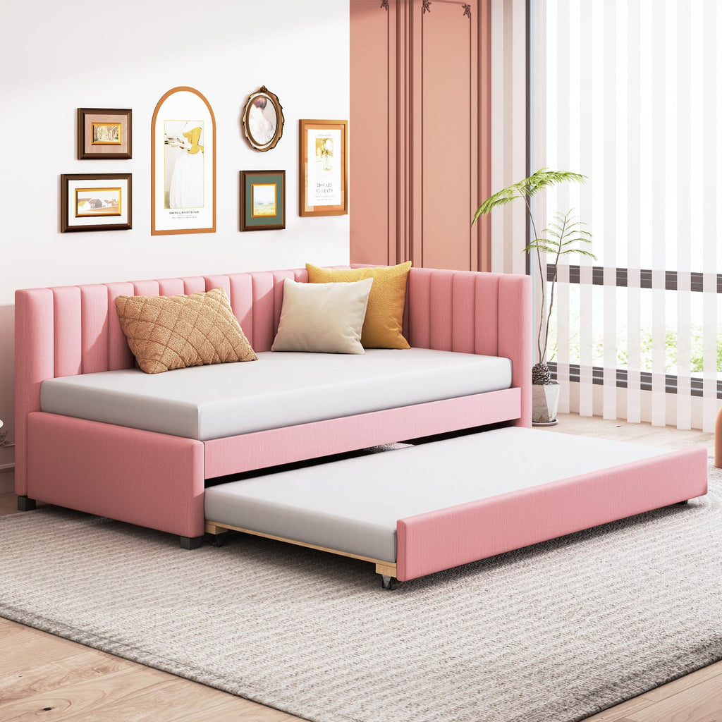 Pink Linen Fabric Twin Size Daybed with Trundle L778