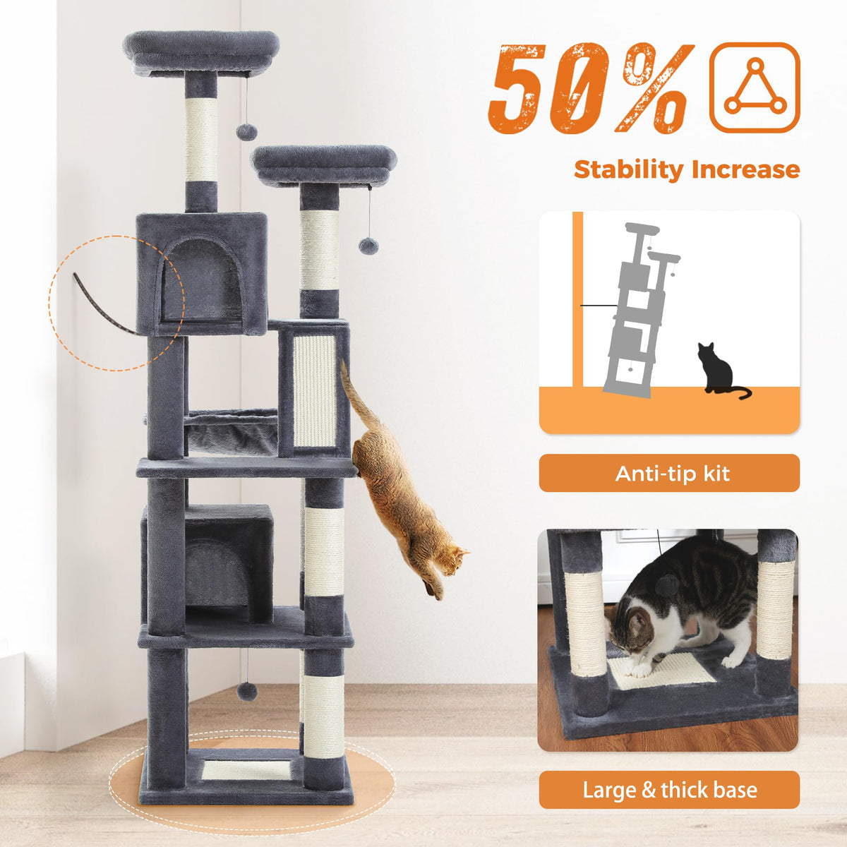 70 Inches Tall Dark Gray Cat Tree with 2 Condos G95260