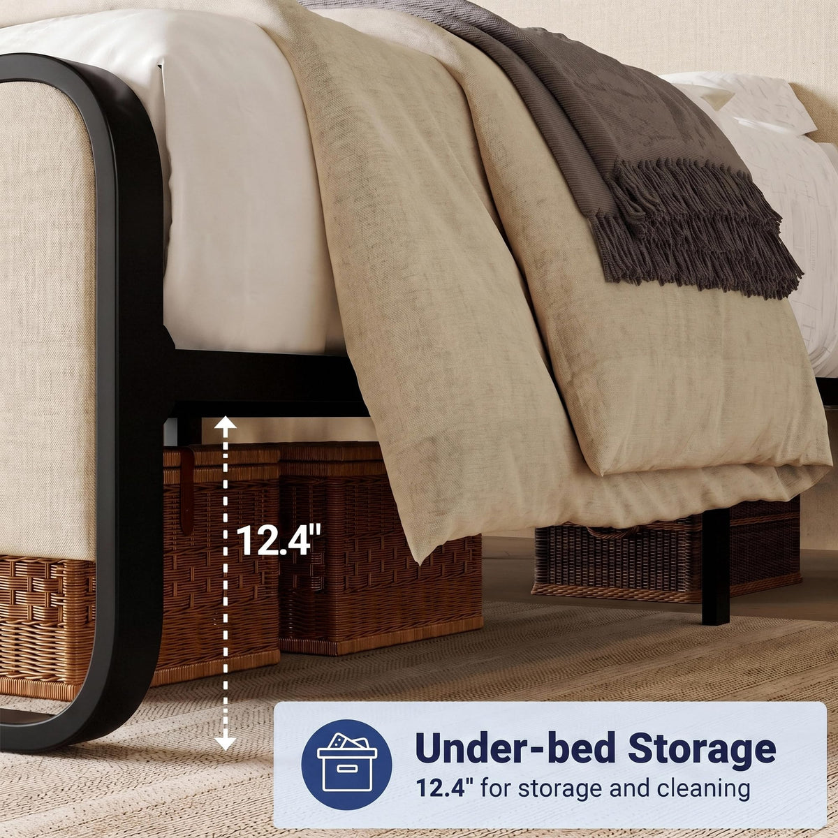 Full Metal Bed Frame with Upholstered, Beige K2597