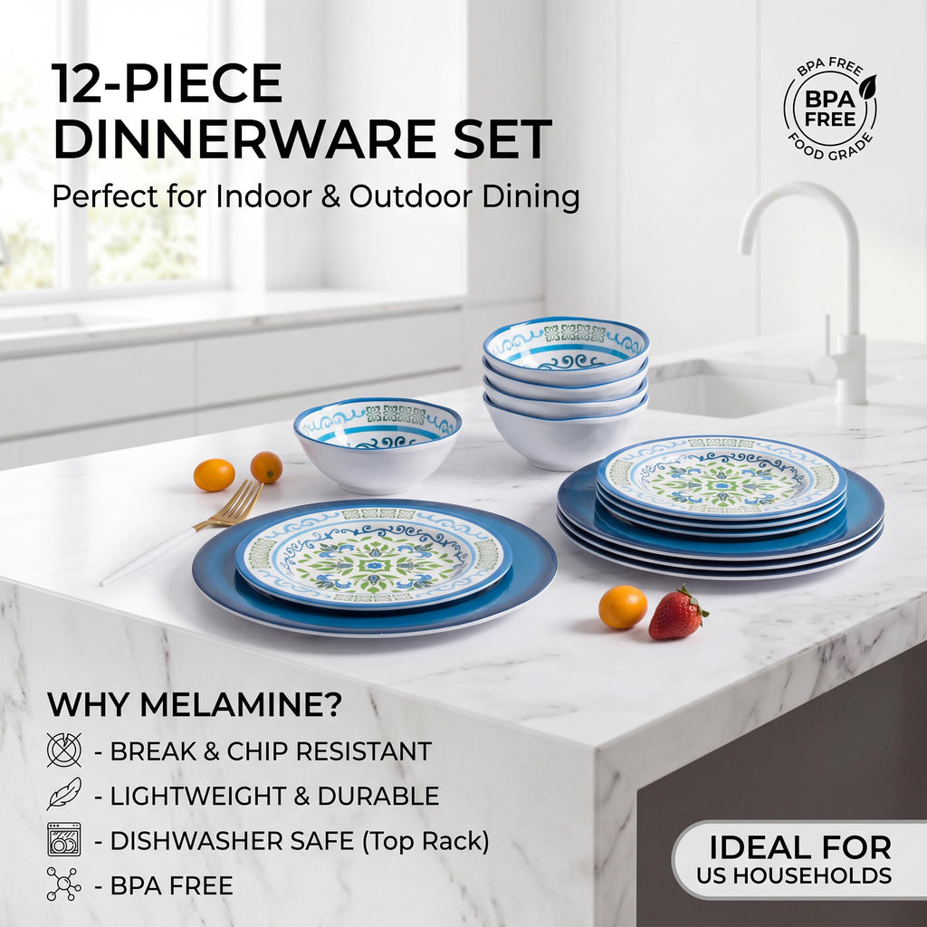 Melamine Dinnerware Set for 4, 12-Piece Blue Floral M230571