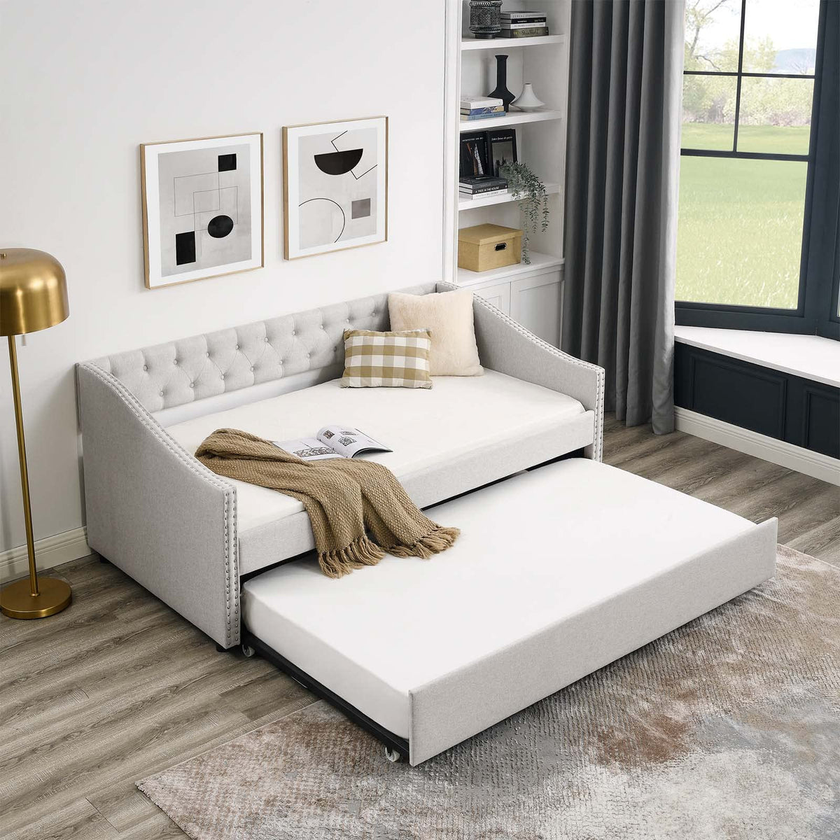 Velvet Upholstered Twin Size Daybed with Trundle L892114